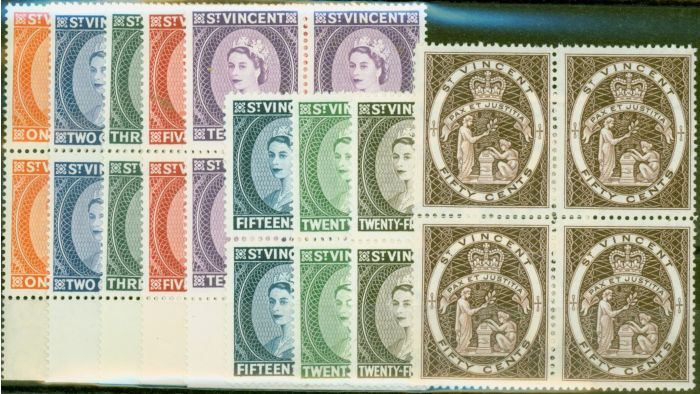 Old Postage Stamp from St Vincent 1964-65 Wmk Change set of 9 SG212-220 in V.F MNH Blocks of 4