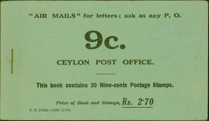 Rare Postage Stamp from Ceylon 1935 2R.70 Booklet SGSB14a J.N 57642-1,000 (2-36) Containing 30 x 9c in Blocks of 10 Fine Extremely Rare