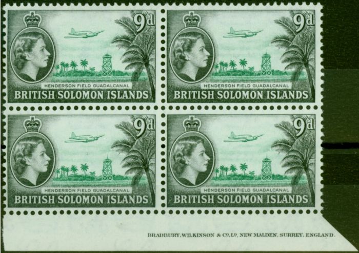 Valuable Postage Stamp British Solomon Islands 1960 9d Emerald & Black SG90a V.F MNH Imprint Block of 4