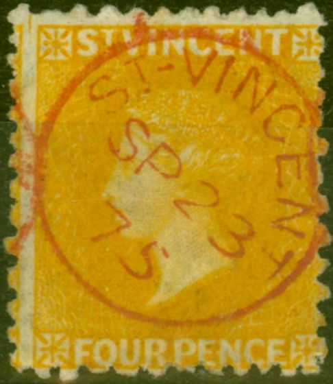 Old Postage Stamp St Vincent 1869 4d Yellow SG12 Superb Used 'St Vincent SP 23 75' CDS
