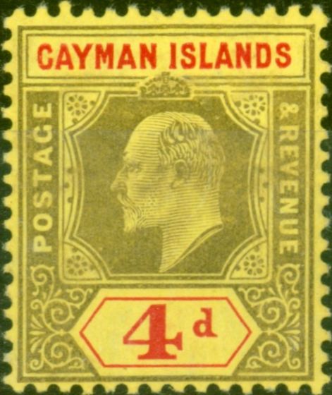 Collectible Postage Stamp from Cayman Islands 1907 4d Black & Red-Yellow SG29a Damaged Frame & Crown Fine Mtd Mint Scarce