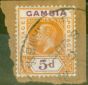 Rare Postage Stamp from Gambia 1912 5d Orange & Purple SG93var Broken Frame left centre V.F.U on Piece