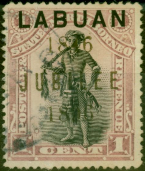 Old Postage Stamp Labuan 1897 1c Black & Grey-Mauve SG83b Opt in Orange Good Used