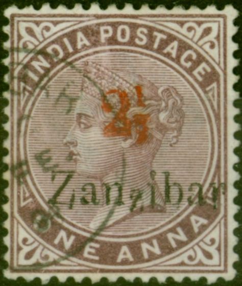 Rare Postage Stamp from Zanzibar 1896 2 1/2 on 1a Plum SG32 Type 3 V.F.U