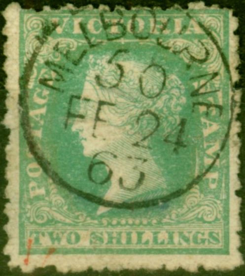 Rare Postage Stamp from Victoria 1859 2s Dull Bluish Green-Pale Yellow SG82 Fine Used 'Melbourne 50 Fe 24 63' On the Nose CDS