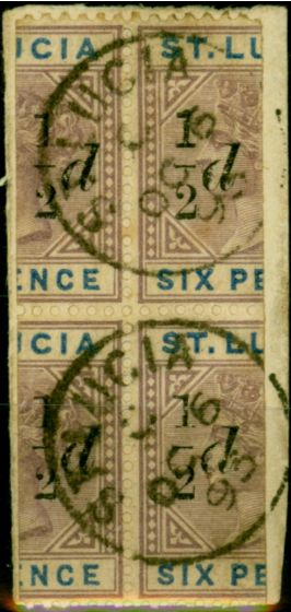 Old Postage Stamp St Lucia 1891 1/2d on Half 6d Dull Mauve & Blue SG54e 'Thick 1 with Slopping Seriff' V.F.U Block of 4 on Small Piece