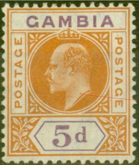 Valuable Postage Stamp from Gambia 1909 5d Orange & Purple SG77var Spot on Neck V.F Lightly Mtd Mint