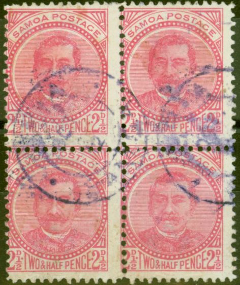 Rare Postage Stamp from Samoa 1892 2 1/2d Rose SG52 Fine Used Block of 4