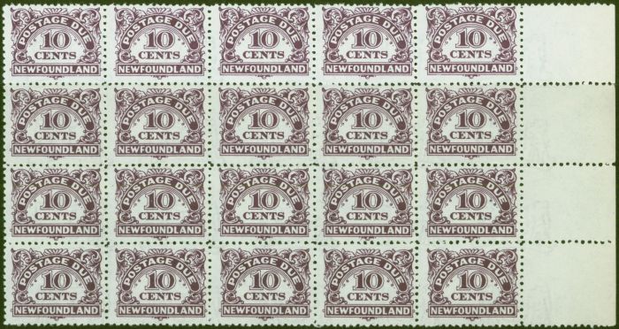 Old Postage Stamp from Newfoundland 1949 10c Violet SGD6a With Wmk Very Fine MNH Block of 20
