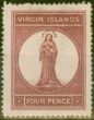 Old Postage Stamp from Virgin Islands 1867 4d Lake Red Pale Rose Paper SG15 Fine Mounted Mint