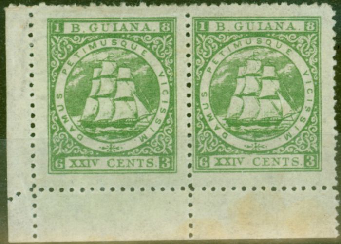 Old Postage Stamp from British Guiana 1863 24c Yellow Green SG79 P.12.5 Fine Mtd Mint Corner Marginal Pair Ex-Sir Ron Brierley