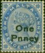 Collectible Postage Stamp Malta 1902 1d on 2 1/2d Bright Blue SG37a 'PNNEY' Error Fine LMM