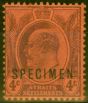Valuable Postage Stamp from Straits Settlements 1904 4c Purple-Red Specimen SG125s Mtd Mint