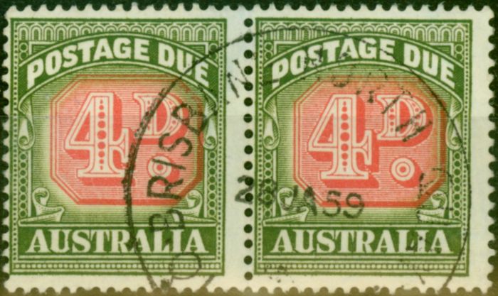 Old Postage Stamp Australia 1958 4d Carmine & Deep Green SGD135 Fine Used Pair
