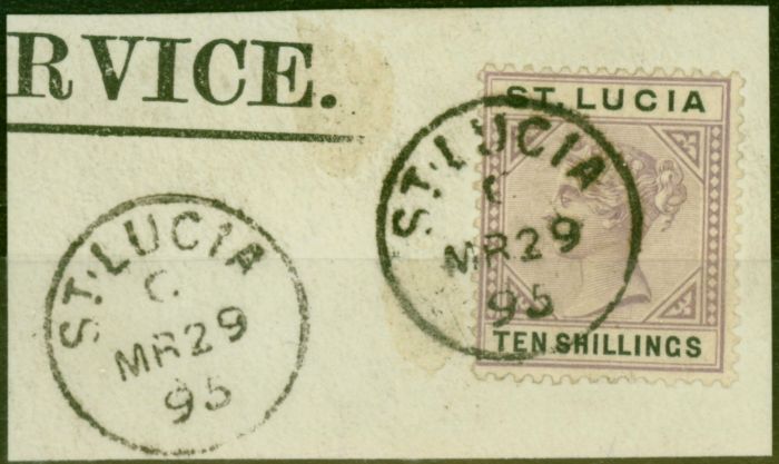 Valuable Postage Stamp St Lucia 1891 10s Dull Mauve & Black SG52 V.F.U on Large Piece