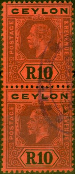 Old Postage Stamp Ceylon 1912 10R Purple-Black Red SG318 Fine Used Fiscal Pair