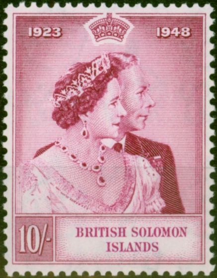 Old Postage Stamp British Solomon Islands 1949 10s Magenta SG76 V.F MNH