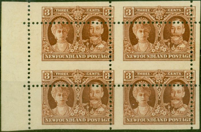 Collectible Postage Stamp Newfoundland 1928 3c Brown SG166Var V.F VLMM Block of 4 Spectacular Mis-Perf
