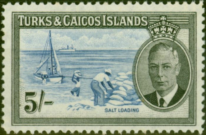 Collectible Postage Stamp Turks & Caicos Islands 1950 5s Blue & Black SG232 Very Fine VLMM