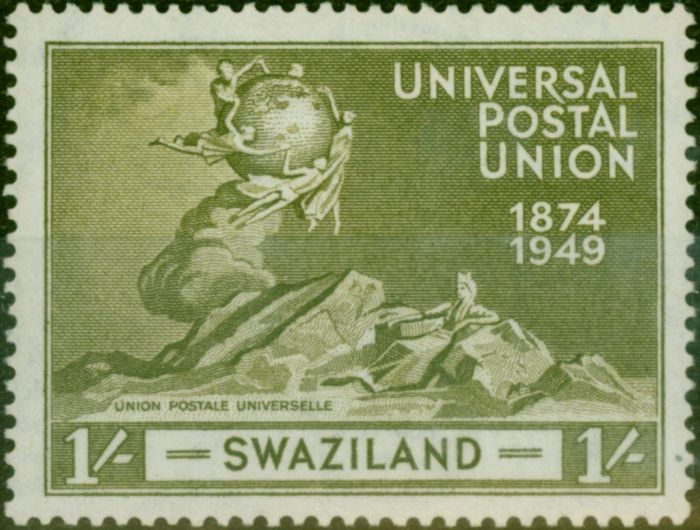 Old Postage Stamp Swaziland 1949 1s Olive UPU SG51a 'A of CA Missing from Wmk' Fine VLMM