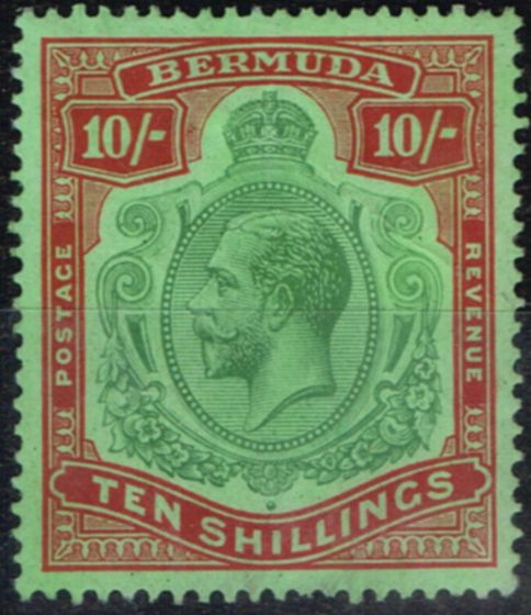 Rare Postage Stamp from Bermuda 1924 10s Green & Red-Pale Emerald SG92f Damaged leaf at right Mtd Mint