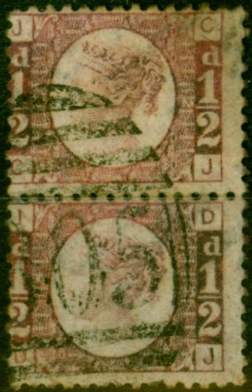 Old Postage Stamp from GB 1870 1/2d Rose-Red SG48 Pl.12 Good Used Pair