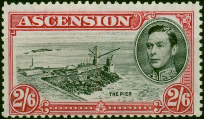 Valuable Postage Stamp Ascension 1944 2s6d Black & Deep Carmine SG45ca P.13 'Davit Flaw' Fine LMM Scarce