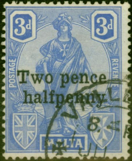 Rare Postage Stamp Malta 1925 2 1/2d on 3d Bright Ultramarine SG142 Fine Used