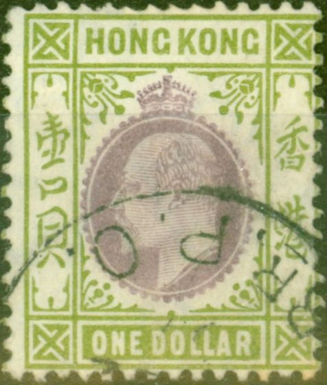 Old Postage Stamp from Hong Kong 1904 $1 Purple & Sage-Green SG86a Chalk Paper Fine Used