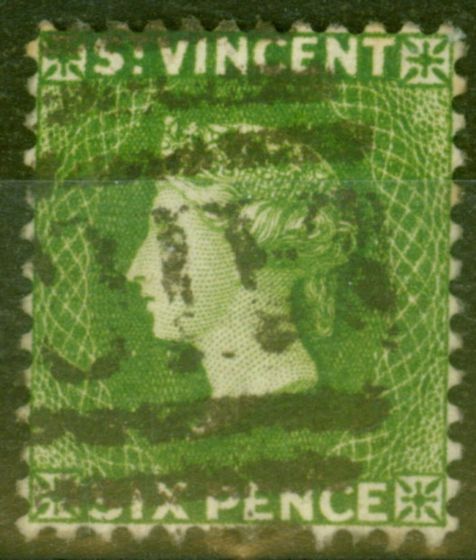 Old Postage Stamp from St Vincent 1883 6d Brt Green SG44 Fine Used