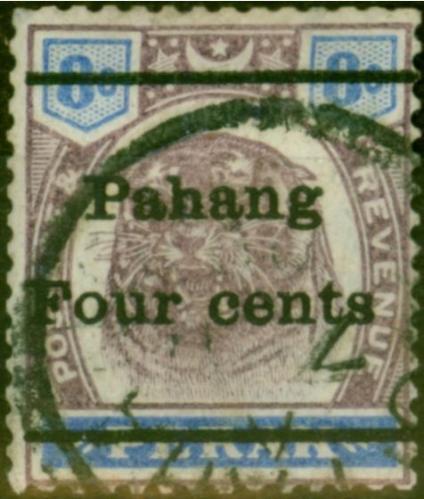 Collectible Postage Stamp Pahang 1899 4c on 8c Dull Purple & Ultramarine SG25 Fine Used