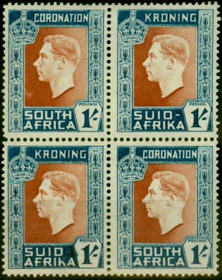 Valuable Postage Stamp from South Africa 1937 Coronation 1s SG75a Hyphen Omitted on Afrikaan Stamp Fine MNH Block of 4