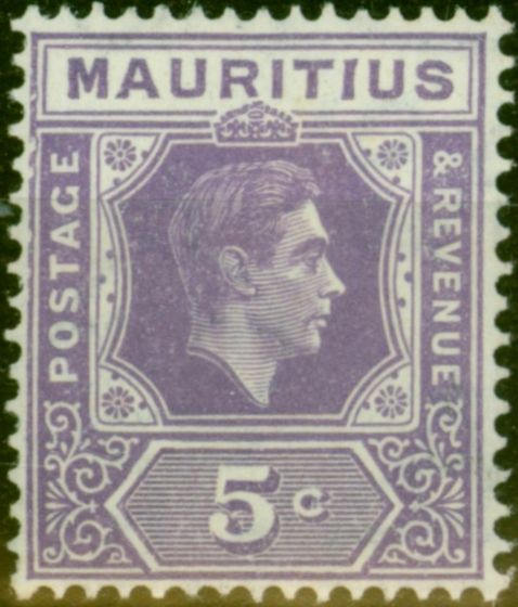 Old Postage Stamp Mauritius 1942 5c Slate-Lilac SG255ca P.15 x 14 'Serrated Edge' Fine LMM Rare