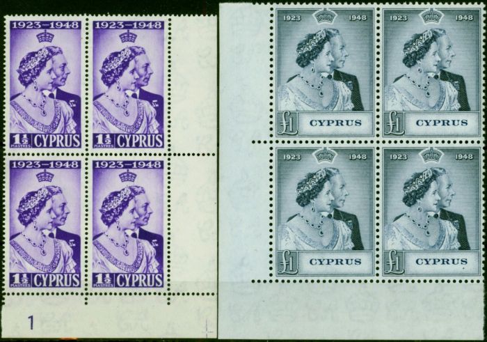 Rare Postage Stamp Cyprus 1948 RSW Set of 2 SG164-165 Superb MNH Corner Blocks of 4