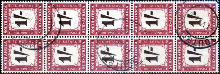 Collectible Postage Stamp from South Africa 1958 1s Black-Brown & Purple-Brown SGD44 Fine Used Block of 10 (4)