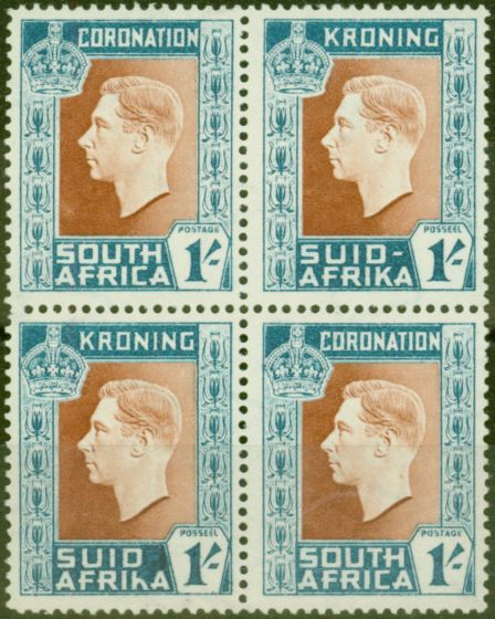 Old Postage Stamp from South Africa 1937 1s Red-Brown & Turq-Blue SG75a Hyphen Omitted in a V.F MNH Block of 4, 2 Pairs