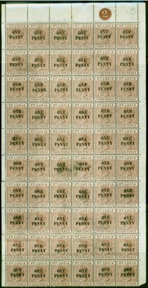 Rare Postage Stamp St Lucia 1891 1d on 4d Brown SG55 Fine MNH & MM Pl.2 Pane of 60 Showing Various Minor Varities