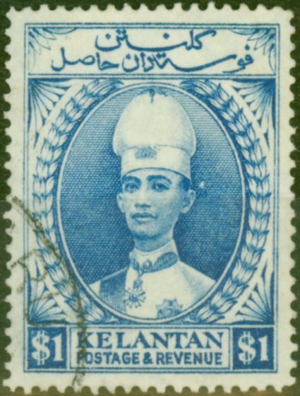 Collectible Postage Stamp from Kelantan 1935 $1 Blue SG39a P.14 V.F.U