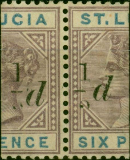 Old Postage Stamp St Lucia 1891 1/2d on Half 6d Dull Mauve & Blue SG54d '2 in Fraction Omitted' V.F VLMM in Pair with Normal Scarce