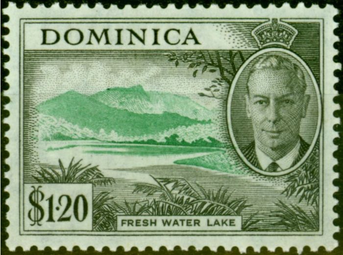 Rare Postage Stamp from Dominica 1951 $1.20 Emerald & Black SG133a C of A Missing from Wmk Fine LMM Scarce