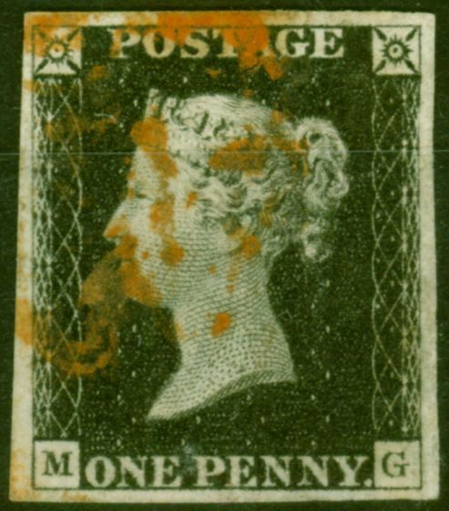 Valuable Postage Stamp from GB 1840 1d Penny Black SG2 Pl 1b (M-G) Fine Used 4 Good Margins Brown/Orange MX