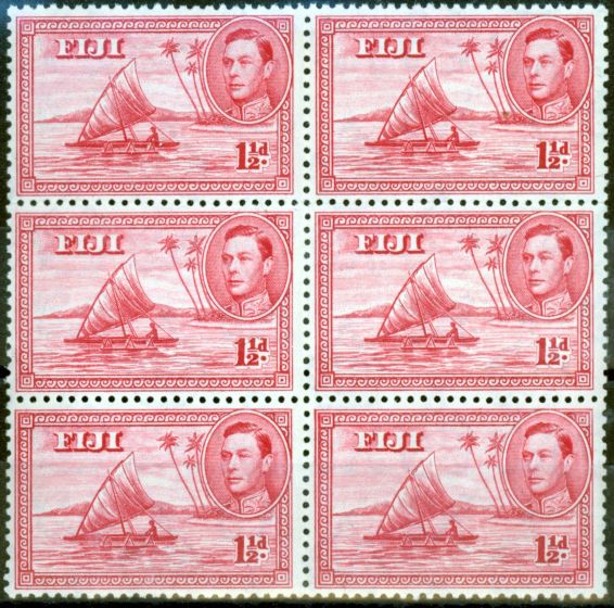 Valuable Postage Stamp from Fiji 1949 1 1/2d Dp Carmine SG252c P.12 V.F MNH Block of 6