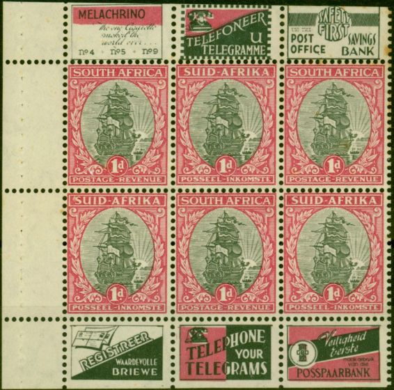 Collectible Postage Stamp South Africa 1935 1d Grey & Carmine Booklet Pane of 6 SG56e Good MNH