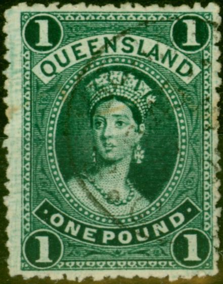 Old Postage Stamp Queensland 1886 £1 Deep Green SG161 Thick Paper Fine Used