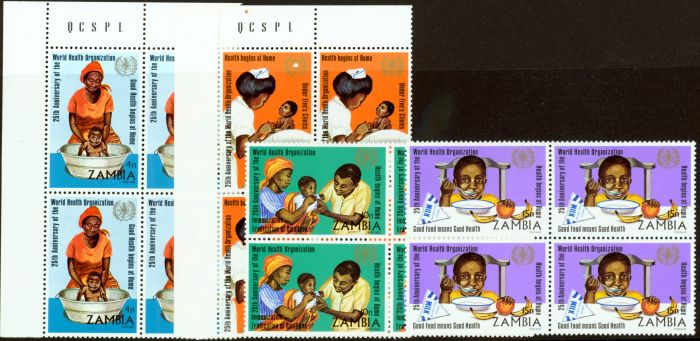 Rare Postage Stamp from Zambia 1973 25th Anniv of W.H.O set of 4 SG199-202 in V.F MNH Blocks of 4