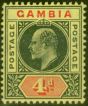 Old Postage Stamp from Gambia 1909 4d Black & Red-Yellow SG76a Dented Frame V.F Very Lightly Mtd Mint