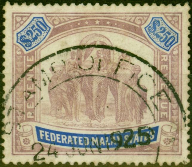 Old Postage Stamp from Fed of Malay States 1922 $250 Purple & Ultramarine Revenue BF #12 Good Used