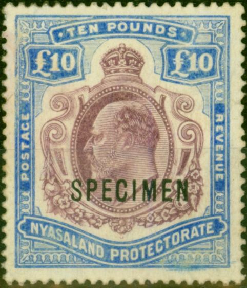 Valuable Postage Stamp Nyasaland 1908 £10 Purple & Ultramarine Specimen SG82s Good MM Scarce
