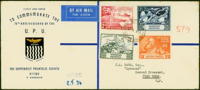 Valuable Postage Stamp Northern Rhodesia 1949 UPU Set of 4 on 1st Day Reg Cover to Fish Hoek Fine & Attractive