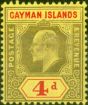 Old Postage Stamp from Cayman Islands 1907 4d Black & Red-Yellow SG29a Damaged Frame & Crown Fine Mtd Mint Scarce
